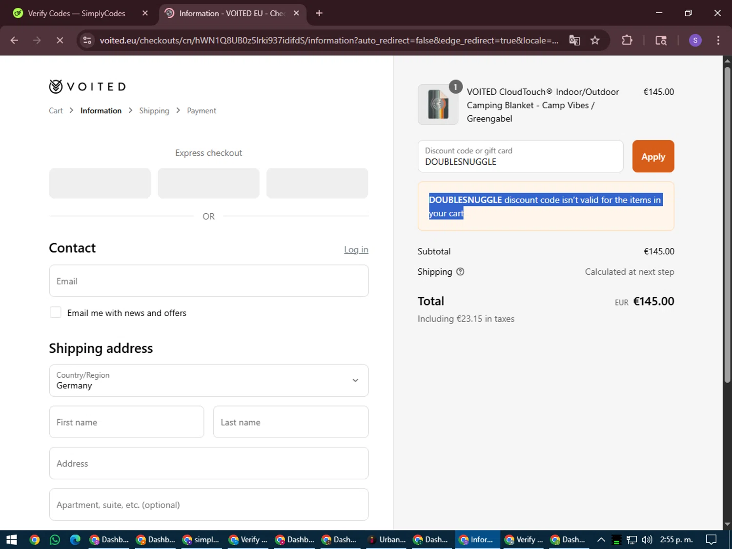 Voited EU promo code screenshot showing code DOUBLESNUGGLE applied at Voited EU checkout page. Uploaded by SimplyCodes community member LuckyVoyager688 on Aug 4, 2025