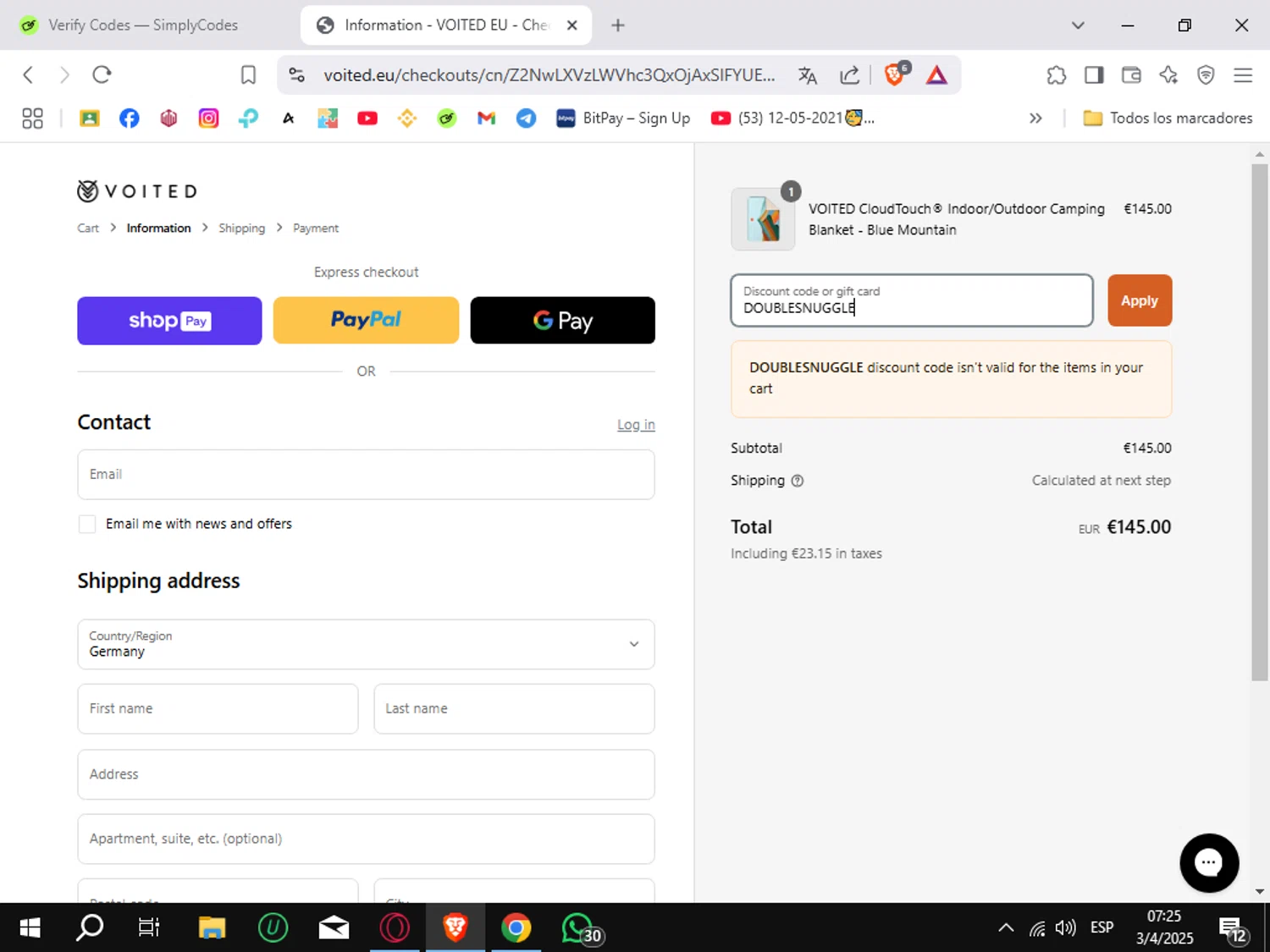 Voited EU promo code screenshot showing code DOUBLESNUGGLE applied at Voited EU checkout page. Uploaded by SimplyCodes community member Sungjinwoo on Apr 3, 2025