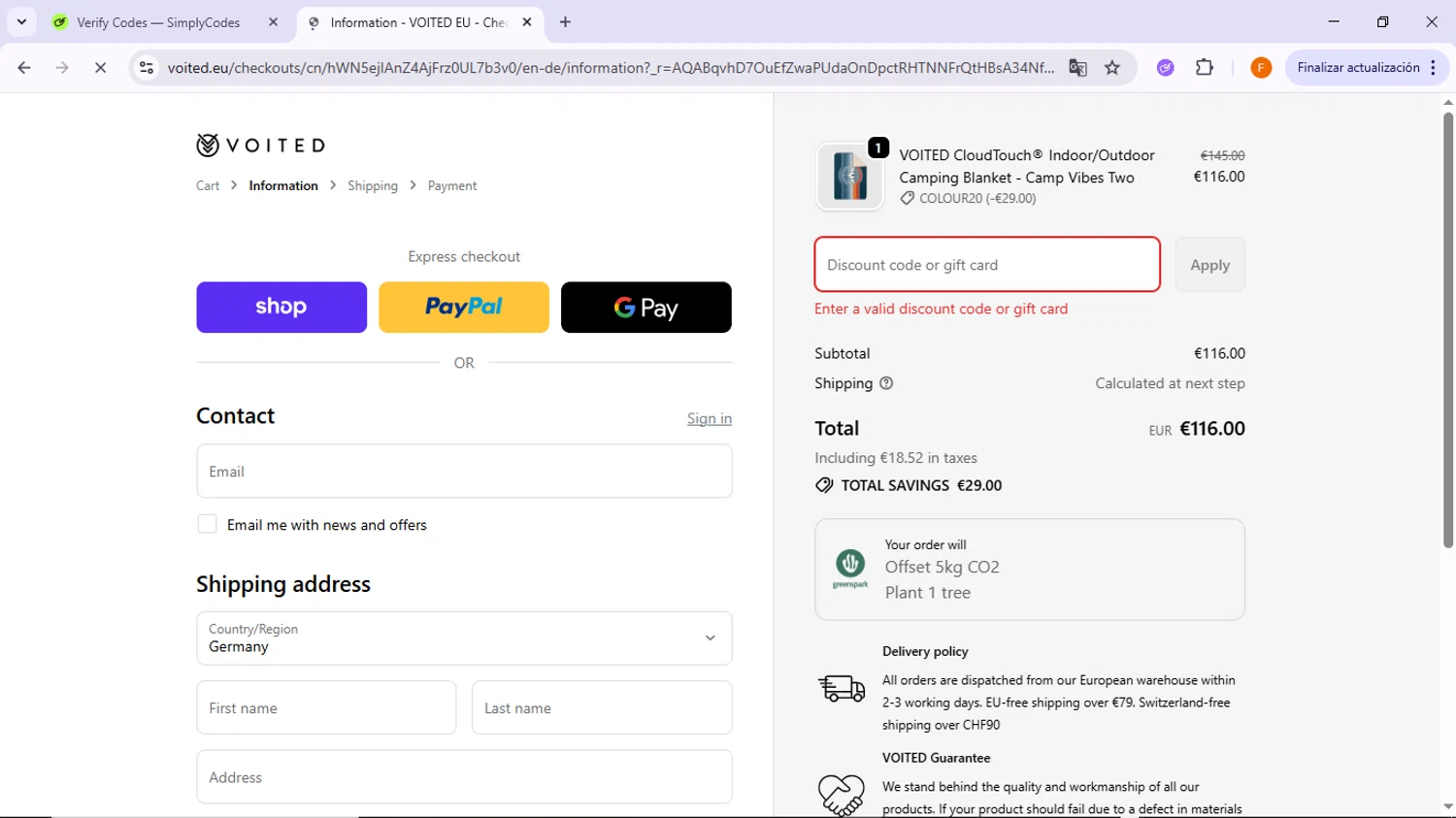 Voited EU promo code screenshot showing code COLOUR20 applied at Voited EU checkout page. Uploaded by SimplyCodes community member TreasureSleuth5198 on Nov 24, 2025