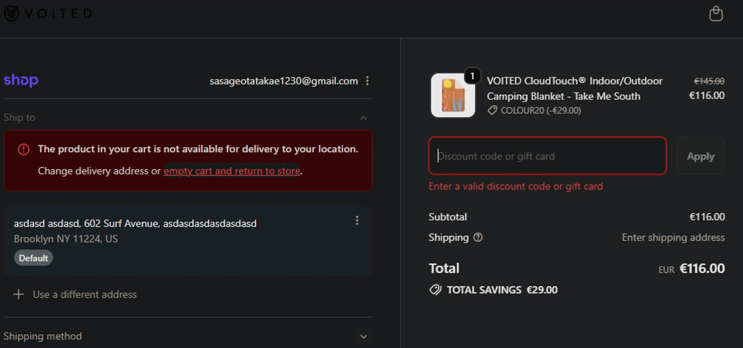 Voited EU promo code screenshot showing code COLOUR20 applied at Voited EU checkout page. Uploaded by SimplyCodes community member edwardtoyo on Nov 24, 2025