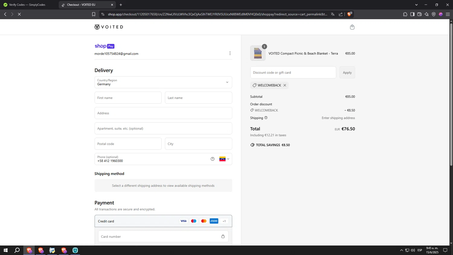Voited EU promo code screenshot showing code WELCOMEBACK applied at Voited EU checkout page. Uploaded by SimplyCodes community member aaaaaaaaaaaaaaaaaaaaa on Jun 15, 2025