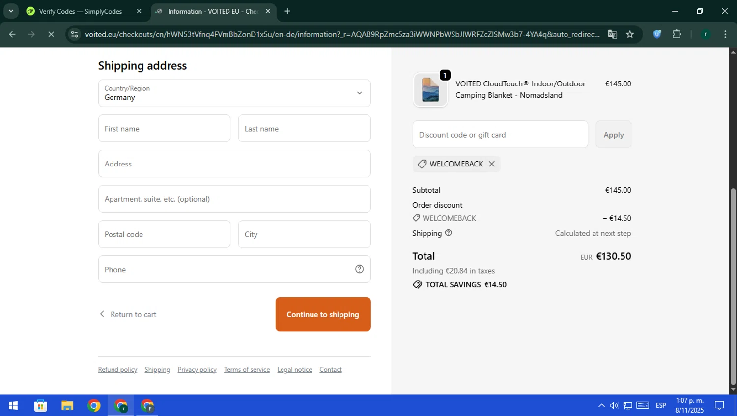 Voited EU promo code screenshot showing code WELCOMEBACK applied at Voited EU checkout page. Uploaded by SimplyCodes community member rodri1 on Nov 8, 2025