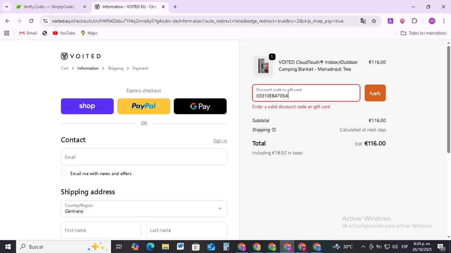 Voited EU promo code screenshot showing code 03310EB4705A applied at Voited EU checkout page. Uploaded by SimplyCodes community member BudgetMonarch8952 on Oct 26, 2025