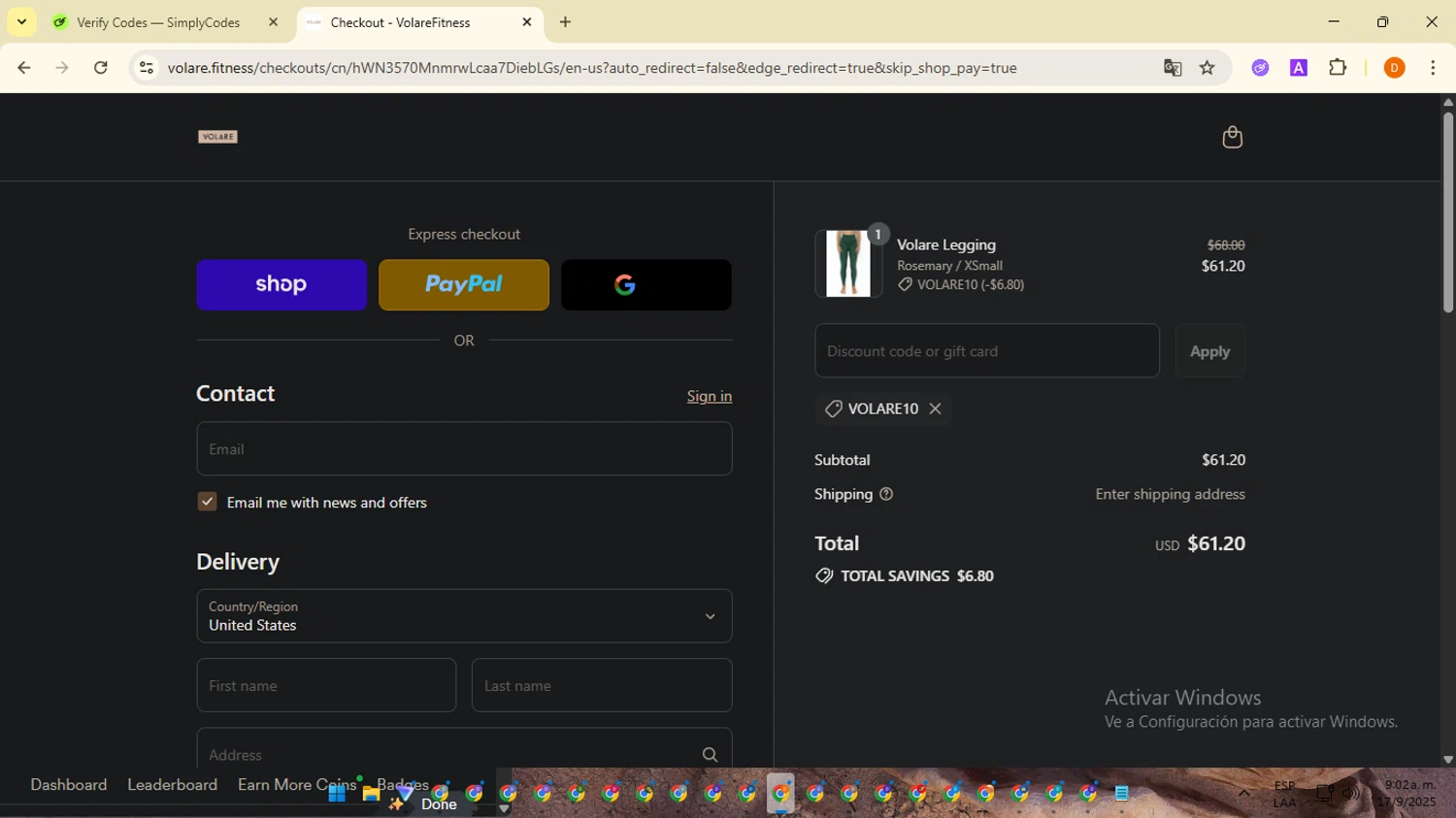 Volare Fitness promo code screenshot showing code VOLARE10 applied at Volare Fitness checkout page. Uploaded by SimplyCodes community member SavingsMaverick3203 on Sep 17, 2025