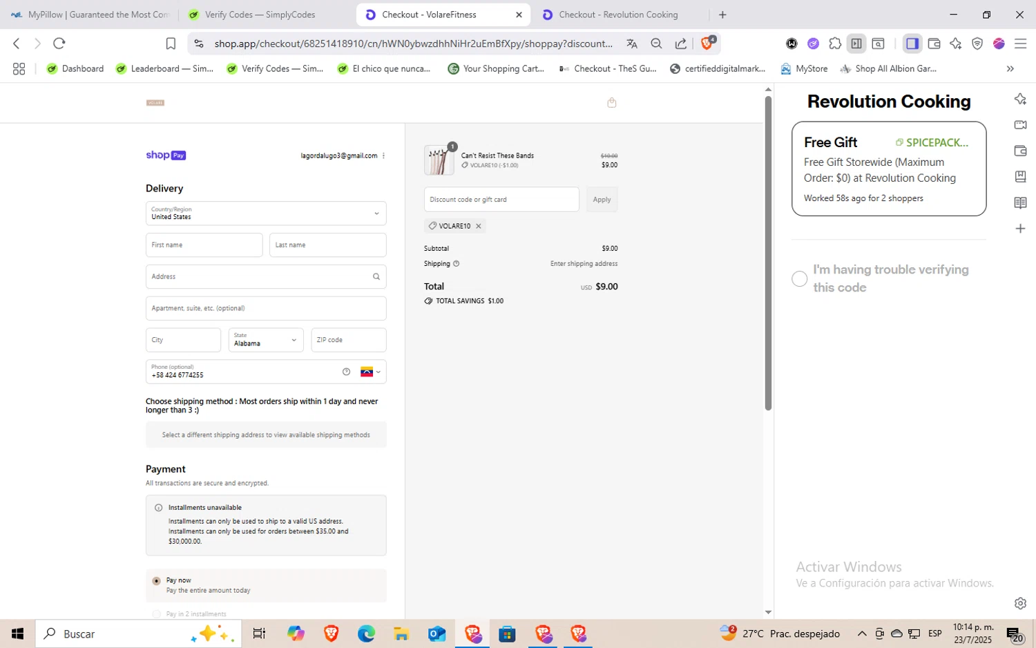 Volare Fitness promo code screenshot showing code VOLARE10 applied at Volare Fitness checkout page. Uploaded by SimplyCodes community member Rayyyyyy on Jul 24, 2025