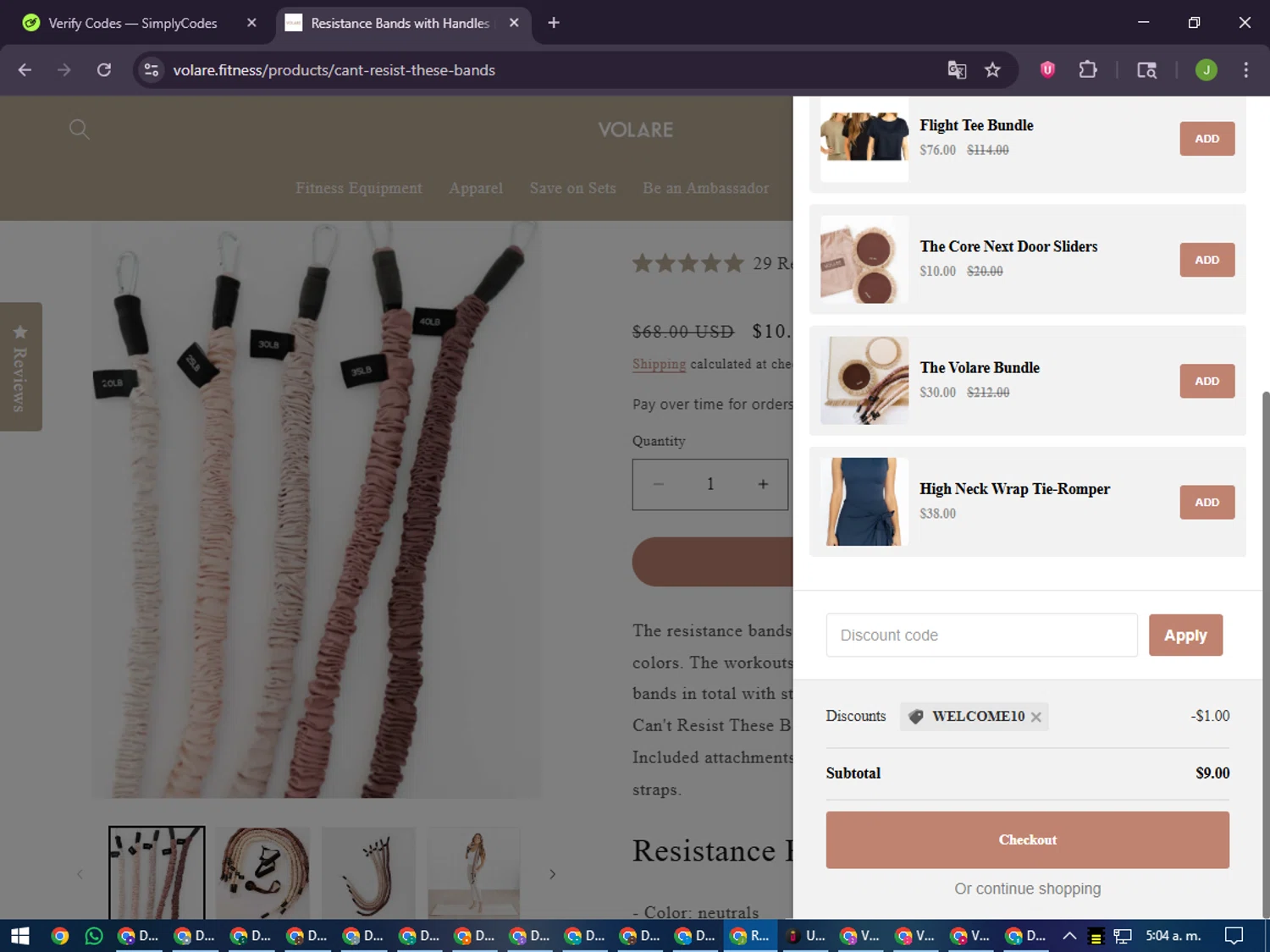 Volare Fitness promo code screenshot showing code WELCOME10 applied at Volare Fitness checkout page. Uploaded by SimplyCodes community member LilBaby on Nov 10, 2025