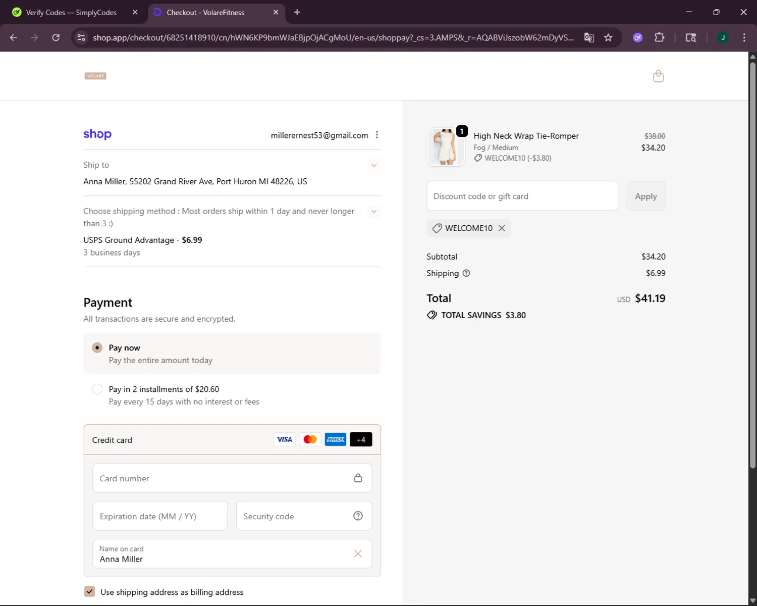 Volare Fitness promo code screenshot showing code WELCOME10 applied at Volare Fitness checkout page. Uploaded by SimplyCodes community member VictoriousOwl2774 on Dec 12, 2025