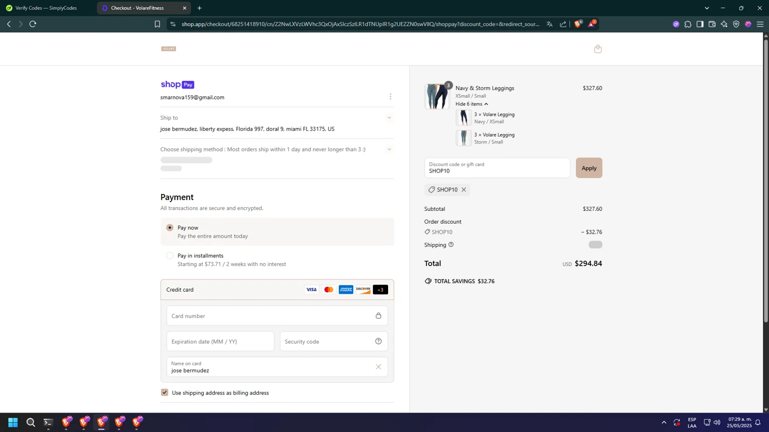 Volare Fitness promo code screenshot showing code SHOP10 applied at Volare Fitness checkout page. Uploaded by SimplyCodes community member bakyhatman1020 on May 25, 2025