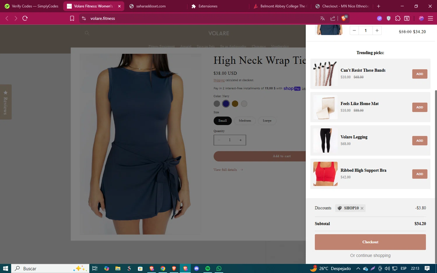 Volare Fitness promo code screenshot showing code SHOP10 applied at Volare Fitness checkout page. Uploaded by SimplyCodes community member ShinazugawaSanemi on Jul 24, 2025