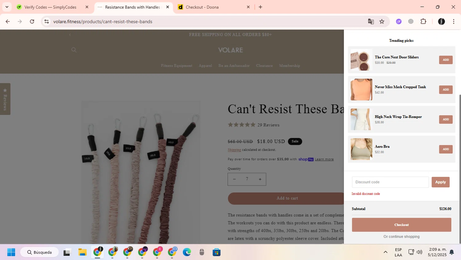 Volare Fitness promo code screenshot showing code CM50 applied at Volare Fitness checkout page. Uploaded by SimplyCodes community member ChinoYugiXD on Dec 5, 2025