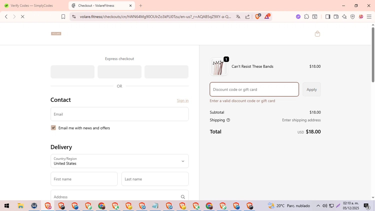 Volare Fitness promo code screenshot showing code CM50 applied at Volare Fitness checkout page. Uploaded by SimplyCodes community member Ingeniero on Dec 5, 2025