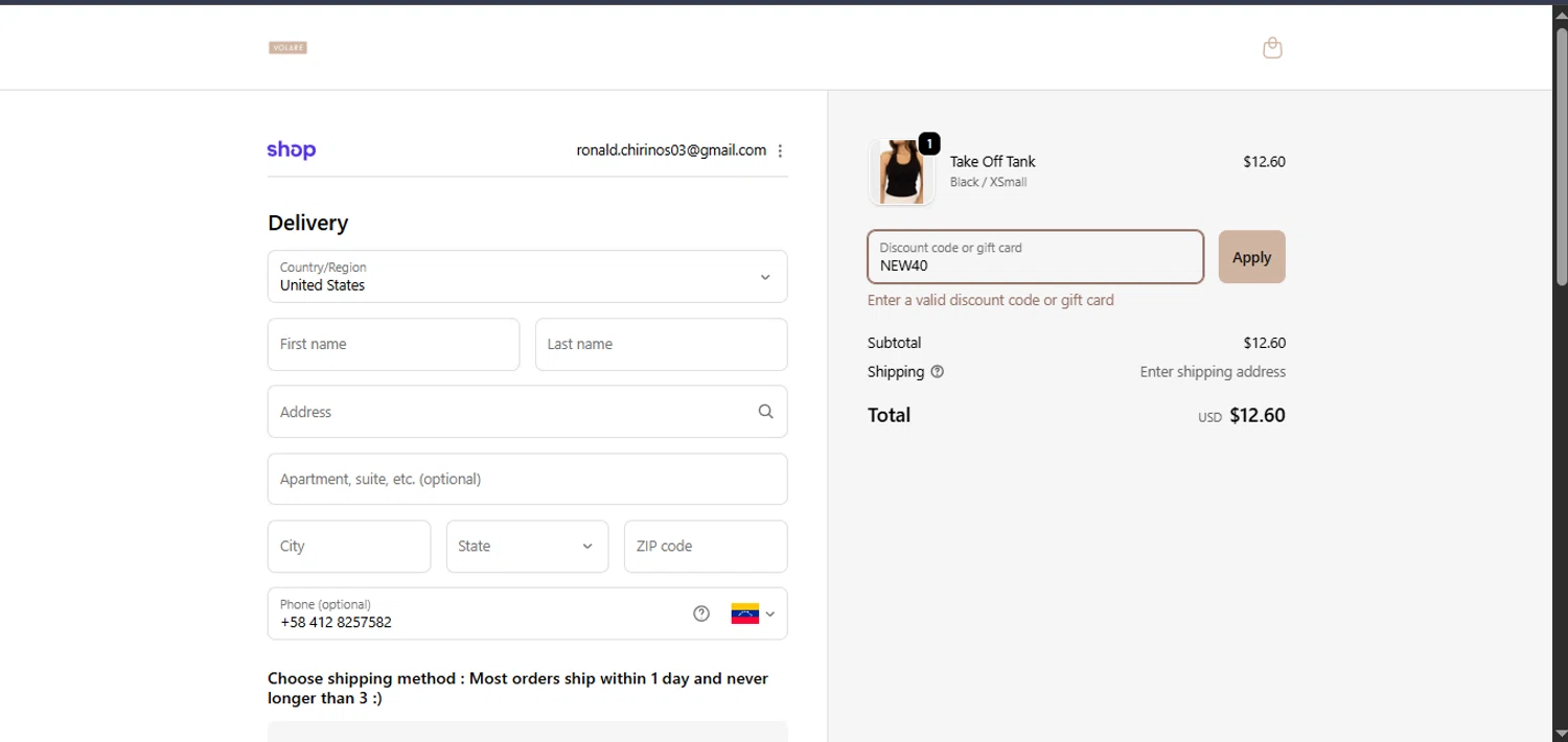 Volare Fitness promo code screenshot showing code NEW40 applied at Volare Fitness checkout page. Uploaded by SimplyCodes community member PennySage5996 on Jan 28, 2026