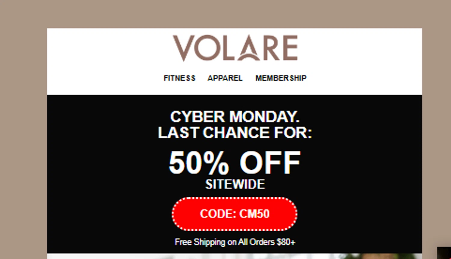 Volare Fitness promo code screenshot showing code CM50 applied at Volare Fitness checkout page. Uploaded by SimplyCodes community member Jhonny on Dec 1, 2025