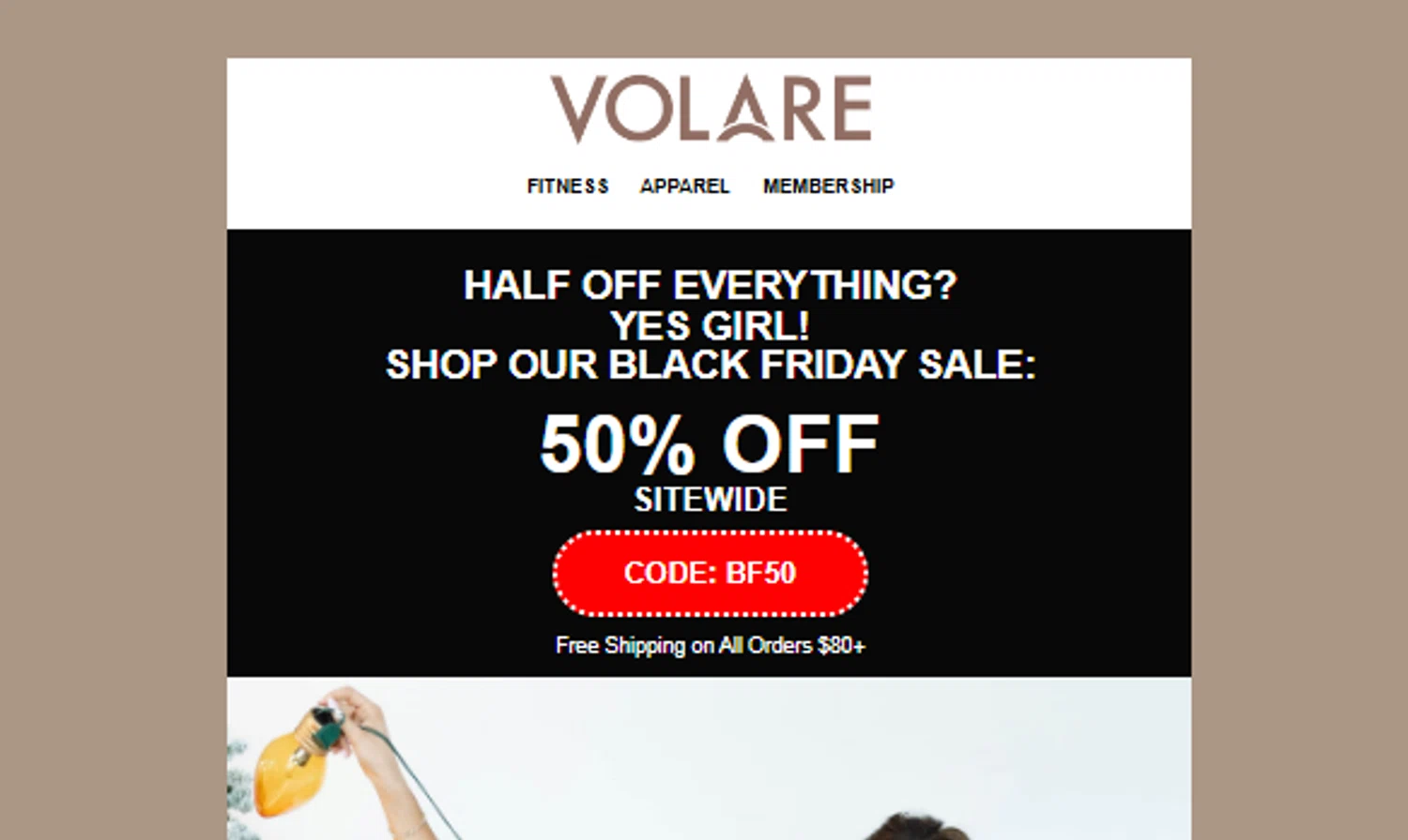 Volare Fitness promo code screenshot showing code BF50 applied at Volare Fitness checkout page. Uploaded by SimplyCodes community member Jhonny on Nov 26, 2025