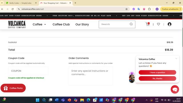 Volcanica Coffee checkout page showing Volcanica Coffee coupon code box | Screenshot taken by SimplyCodes community member on Sep 11, 2025