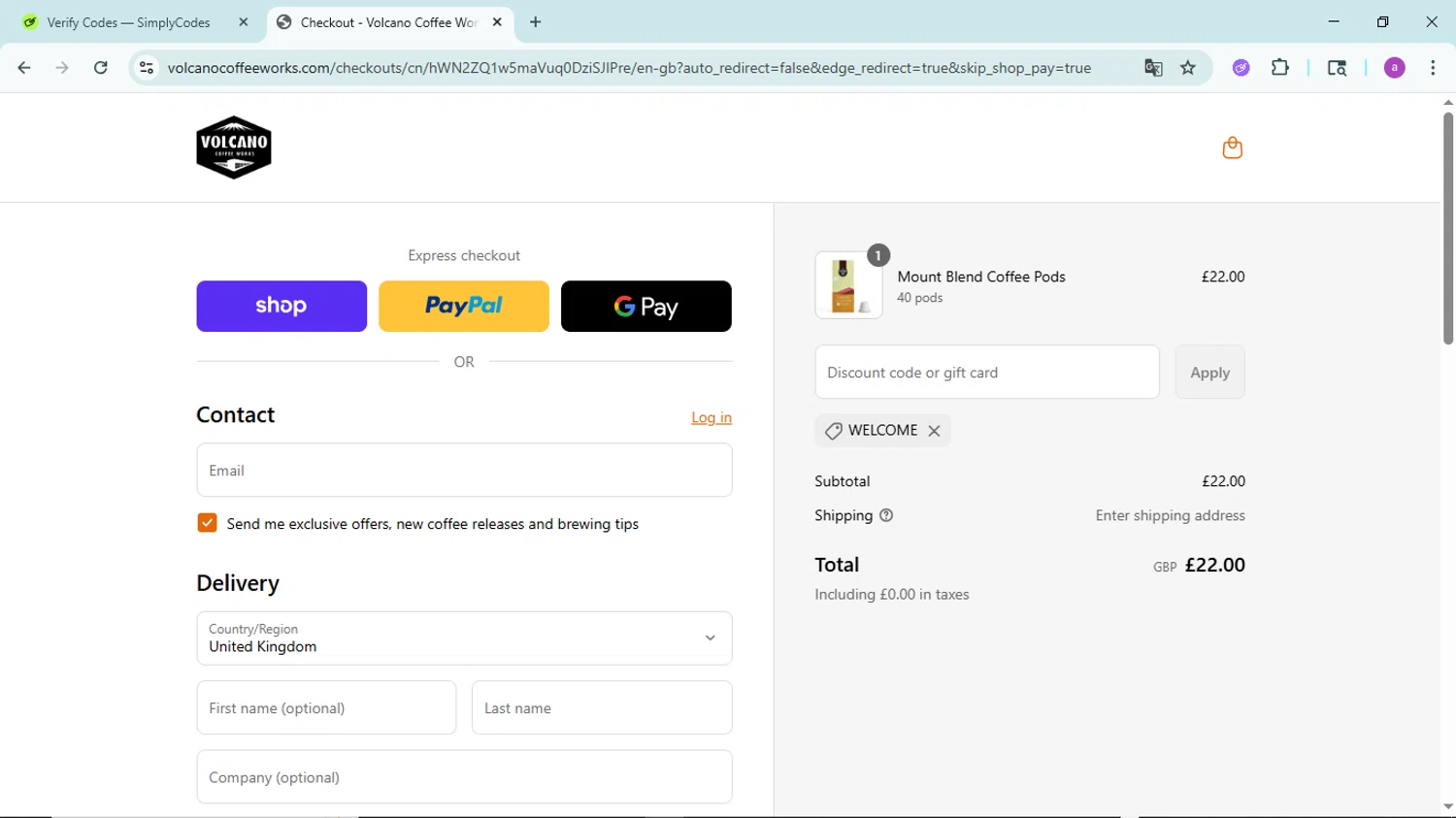 Volcano Coffee Works discount code screenshot showing code WELCOME applied at Volcano Coffee Works checkout page. Uploaded by SimplyCodes community member PennyBoss9589 on Sep 4, 2025