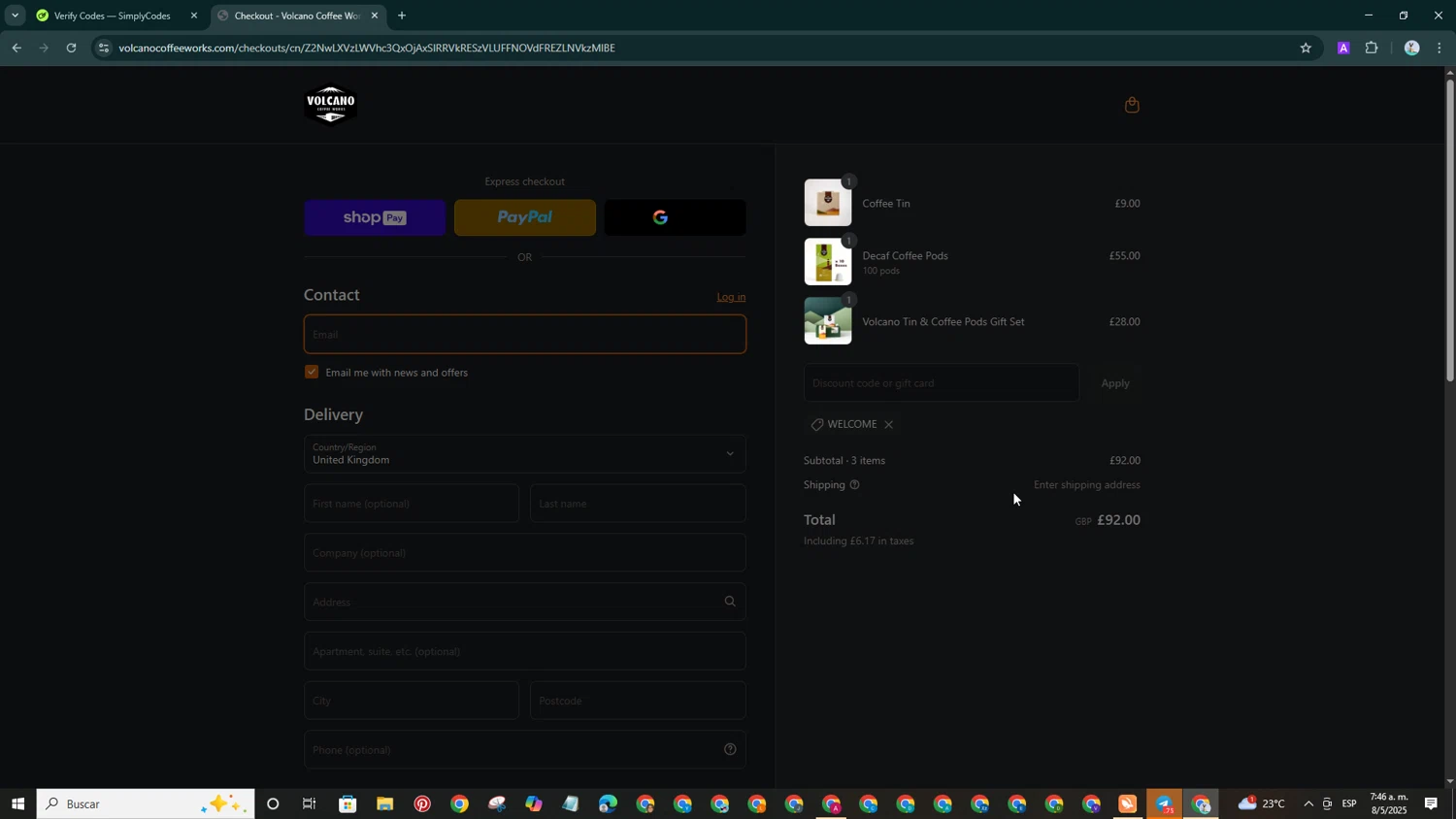Volcano Coffee Works discount code screenshot showing code WELCOME applied at Volcano Coffee Works checkout page. Uploaded by SimplyCodes community member ValiantCollector267 on May 8, 2025