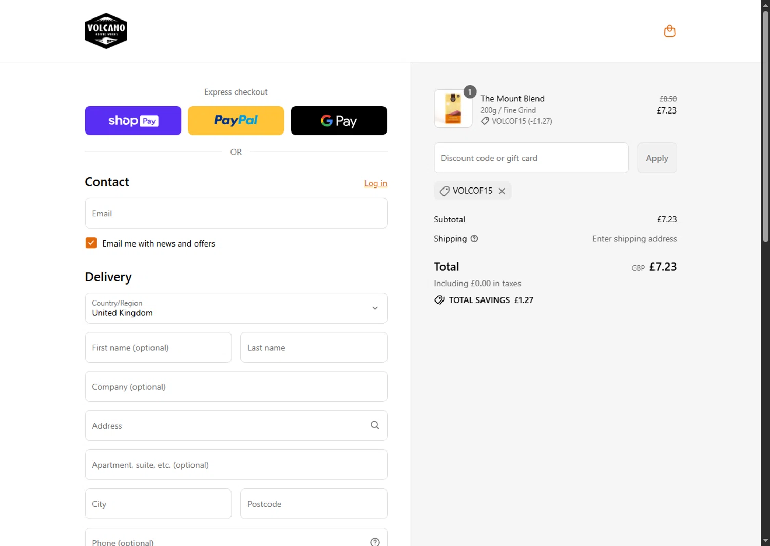 Volcano Coffee Works discount code screenshot showing code VOLCOF15 applied at Volcano Coffee Works checkout page. Uploaded by SimplyCodes community member Alejandra10 on Jul 23, 2025
