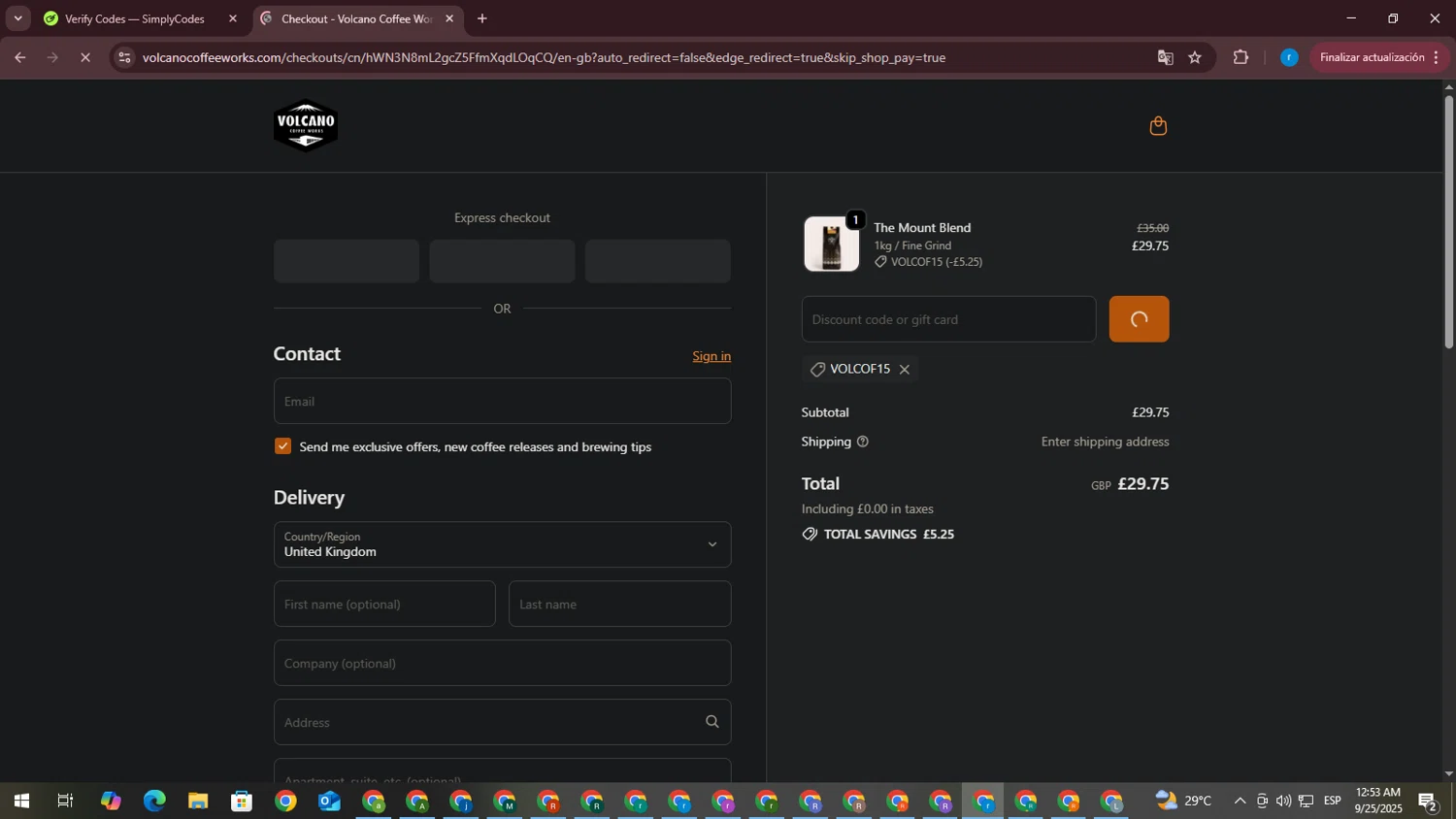 Volcano Coffee Works discount code screenshot showing code VOLCOF15 applied at Volcano Coffee Works checkout page. Uploaded by SimplyCodes community member CouponPhoenix3444 on Sep 25, 2025