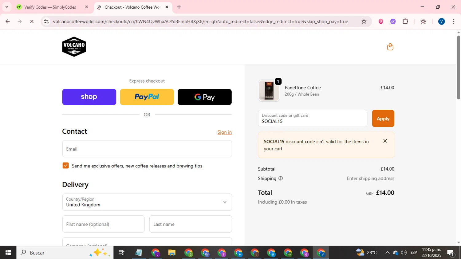 Volcano Coffee Works discount code screenshot showing code SOCIAL15 applied at Volcano Coffee Works checkout page. Uploaded by SimplyCodes community member CrownTitan5376 on Oct 23, 2025