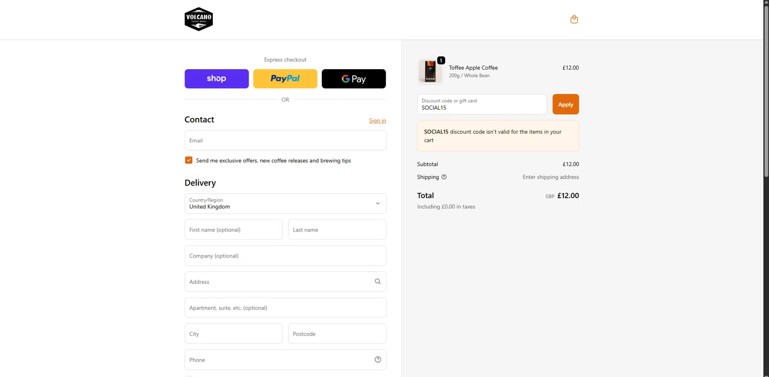 Volcano Coffee Works discount code screenshot showing code SOCIAL15 applied at Volcano Coffee Works checkout page. Uploaded by SimplyCodes community member RewardPhoenix3732 on Sep 25, 2025