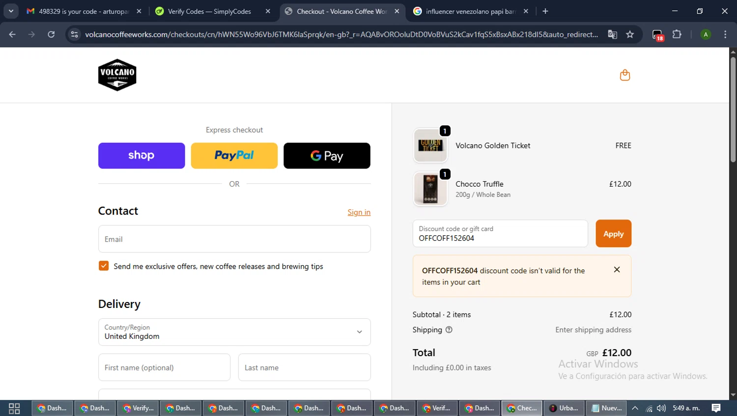 Volcano Coffee Works discount code screenshot showing code OFFCOFF152604 applied at Volcano Coffee Works checkout page. Uploaded by SimplyCodes community member CashLynx5338 on Nov 9, 2025