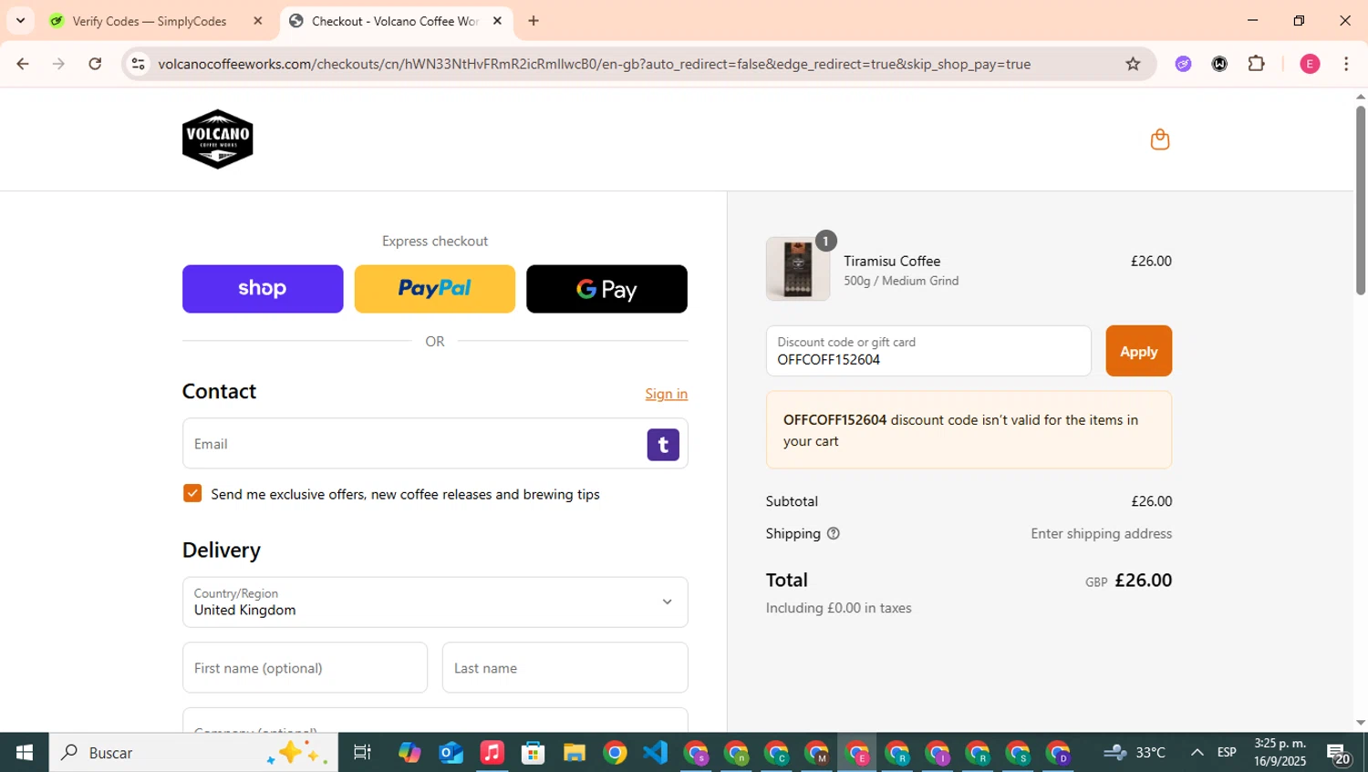 Volcano Coffee Works discount code screenshot showing code OFFCOFF152604 applied at Volcano Coffee Works checkout page. Uploaded by SimplyCodes community member CouponHero7312 on Sep 16, 2025