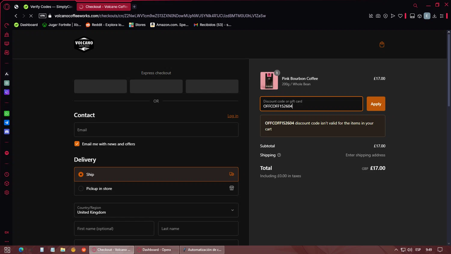 Volcano Coffee Works discount code screenshot showing code OFFCOFF152604 applied at Volcano Coffee Works checkout page. Uploaded by SimplyCodes community member Eliott on Feb 25, 2025