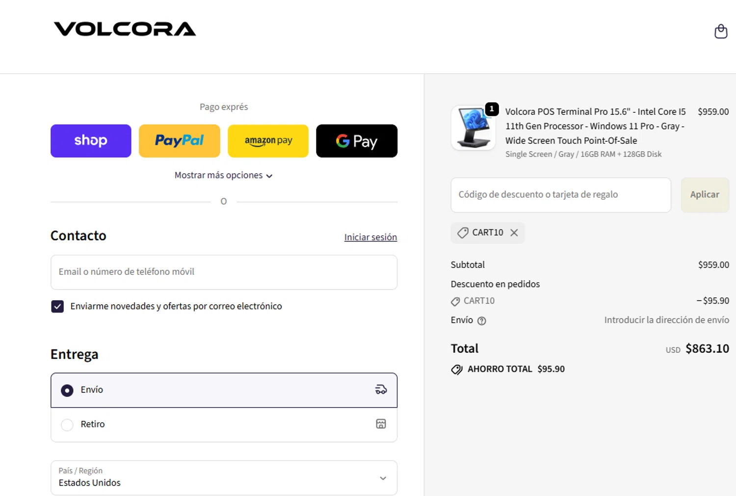 Volcora promo code screenshot showing code CART10 applied at Volcora checkout page. Uploaded by SimplyCodes community member FortunateCurator1047 on Nov 6, 2025