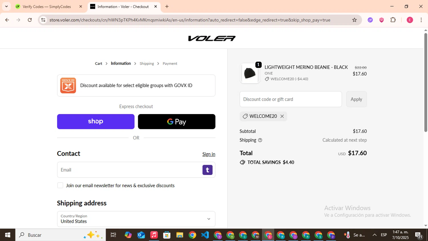 Voler promo code screenshot showing code welcome20 applied at Voler checkout page. Uploaded by SimplyCodes community member CouponHero7312 on Oct 7, 2025