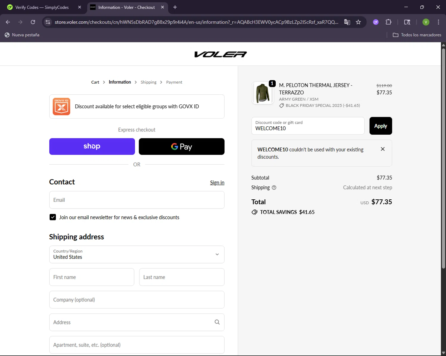 Voler promo code screenshot showing code WELCOME10 applied at Voler checkout page. Uploaded by SimplyCodes community member CleverNavigator1236 on Nov 30, 2025