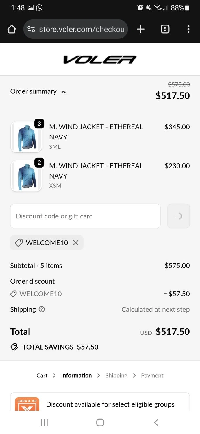 Voler promo code screenshot showing code WELCOME10 applied at Voler checkout page. Uploaded by SimplyCodes community member CouponSaver4196 on Sep 25, 2025