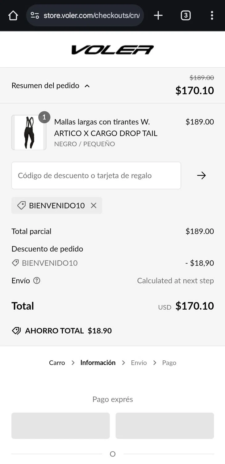 Voler promo code screenshot showing code WELCOME10 applied at Voler checkout page. Uploaded by SimplyCodes community member Yorgelys on Dec 27, 2024