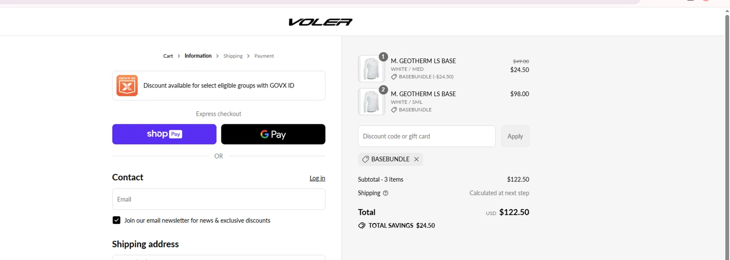 Voler promo code screenshot showing code basebundle applied at Voler checkout page. Uploaded by SimplyCodes community member Pili2502 on Jul 27, 2025