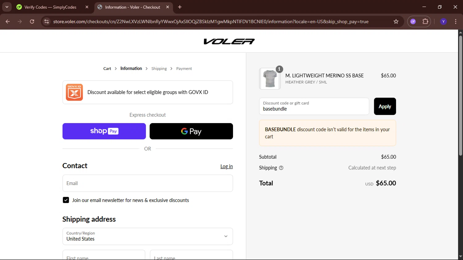 Voler promo code screenshot showing code basebundle applied at Voler checkout page. Uploaded by SimplyCodes community member TokenElite6436 on Jun 26, 2025
