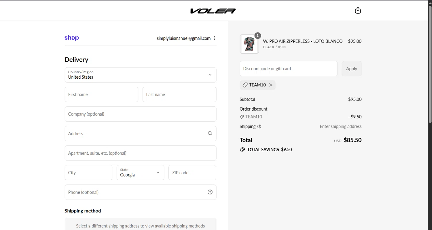 Voler promo code screenshot showing code TEAM10 applied at Voler checkout page. Uploaded by SimplyCodes community member WoskalJR on Sep 16, 2025