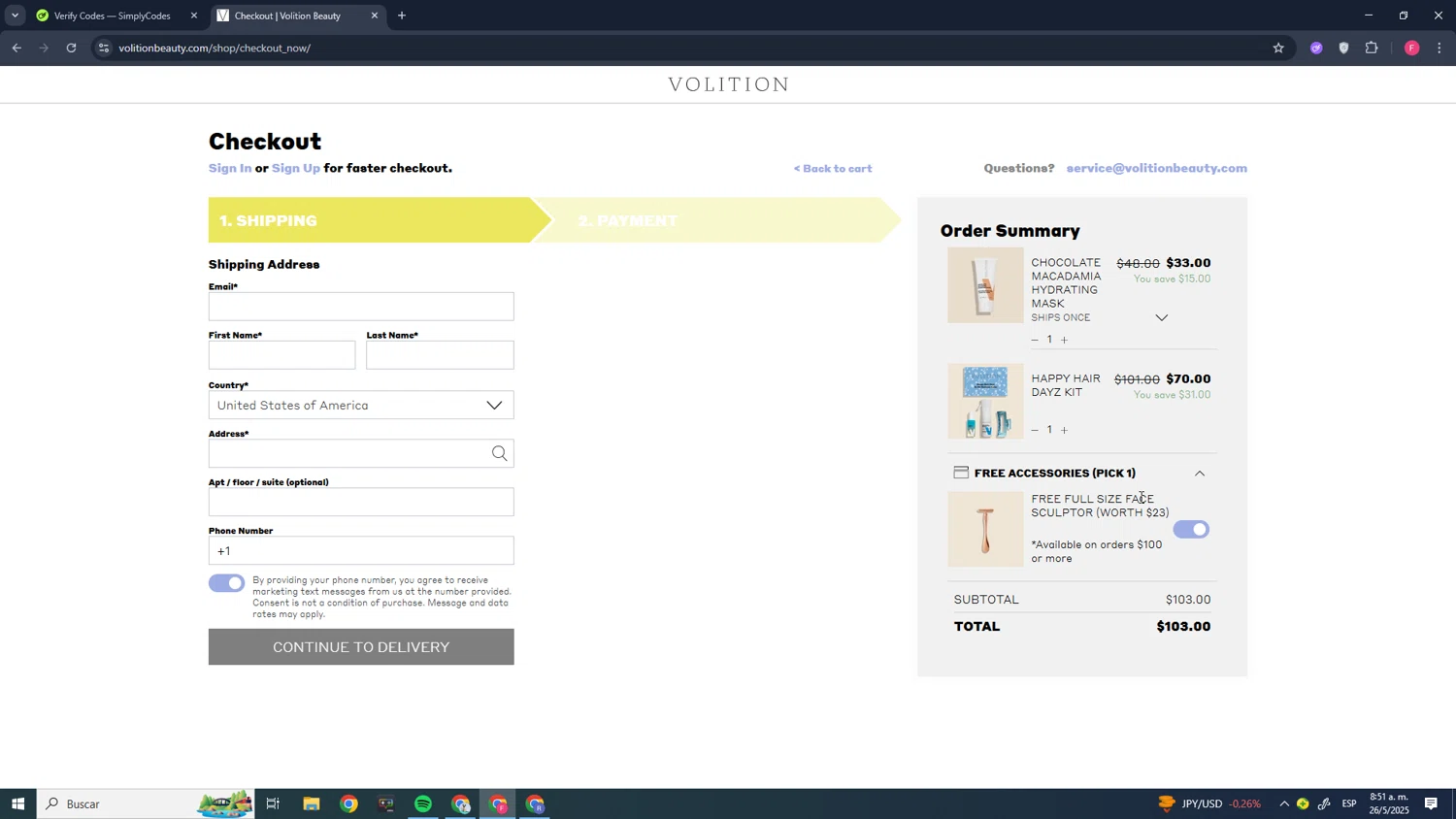 Volition Beauty promo code screenshot showing code HELLOVB15 applied at Volition Beauty checkout page. Uploaded by SimplyCodes community member CleverMonarch1744 on May 26, 2025
