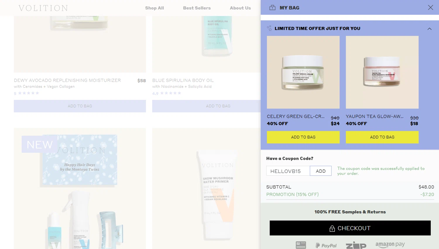 Volition Beauty promo code screenshot showing code HELLOVB15 applied at Volition Beauty checkout page. Uploaded by SimplyCodes community member ShieldScout6572 on Jun 20, 2025