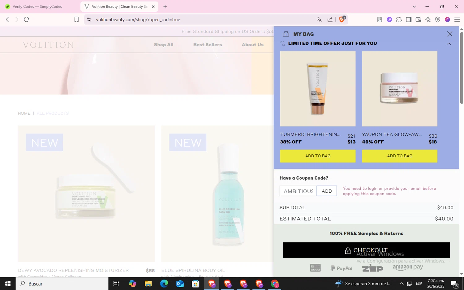 Volition Beauty promo code screenshot showing code AMBITIOUS15 applied at Volition Beauty checkout page. Uploaded by SimplyCodes community member CodeLynx5272 on Jun 20, 2025