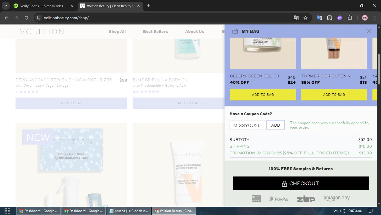 Volition Beauty promo code screenshot showing code MISSYOU25 applied at Volition Beauty checkout page. Uploaded by SimplyCodes community member TEAMSimplyCodes on Jun 13, 2025