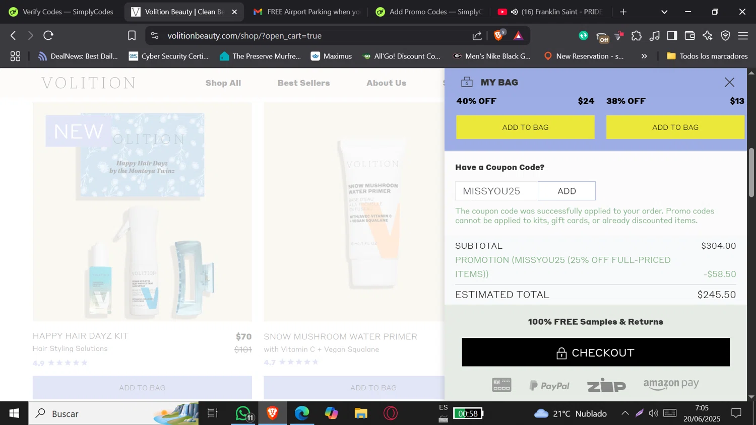 Volition Beauty promo code screenshot showing code MISSYOU25 applied at Volition Beauty checkout page. Uploaded by SimplyCodes community member DORIANGEL on Jun 20, 2025