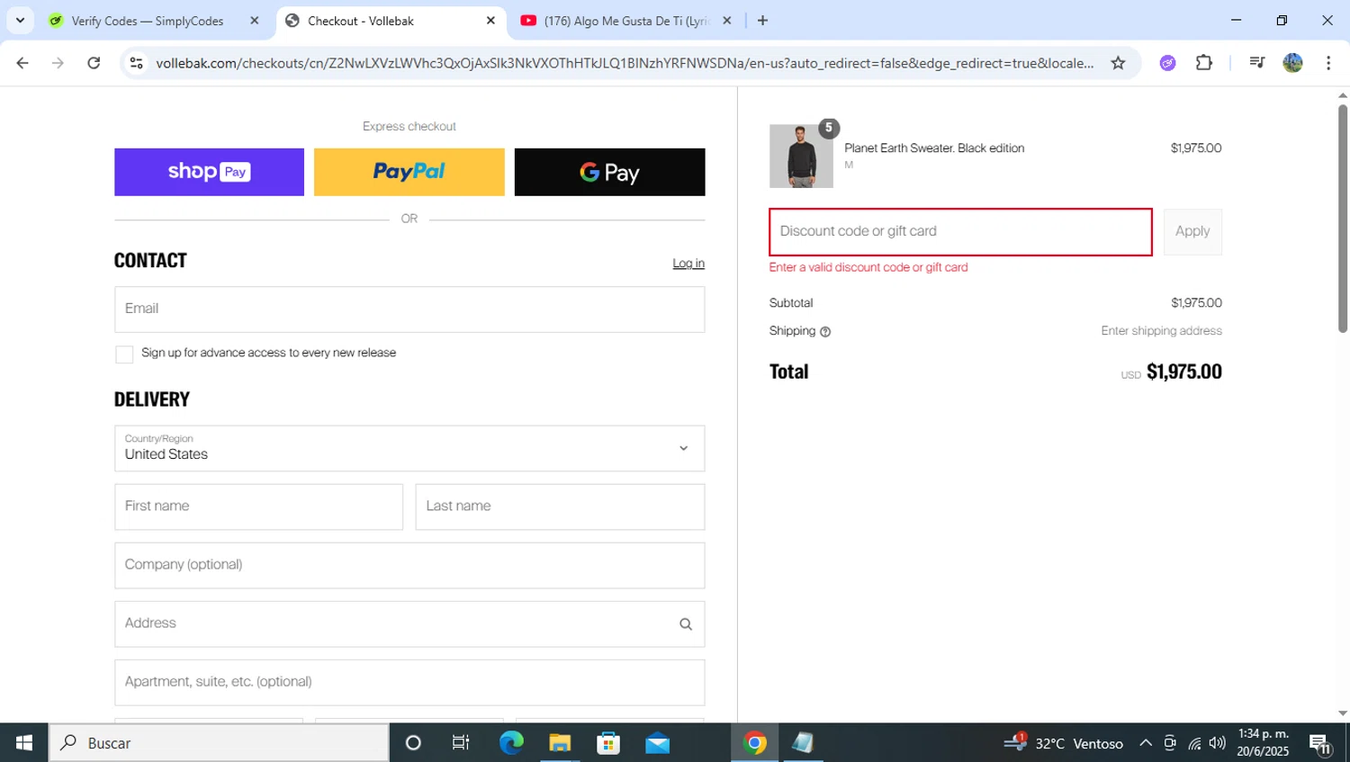 Vollebak promo code screenshot showing code JASON50 applied at Vollebak checkout page. Uploaded by SimplyCodes community member RoyalHero6815 on Jun 20, 2025