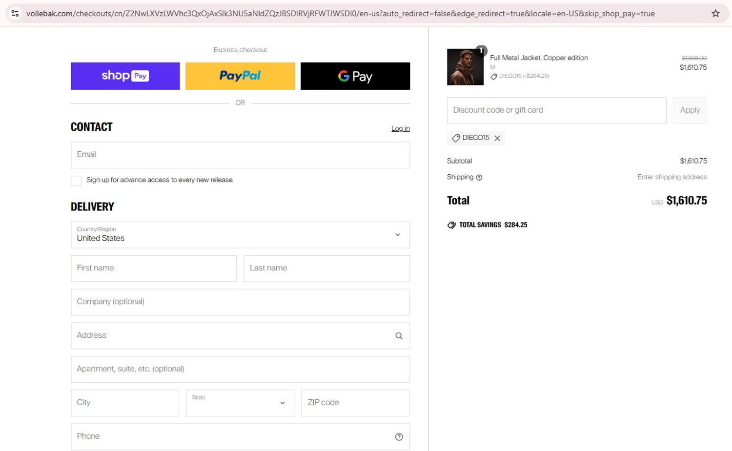 Vollebak promo code screenshot showing code DIEGO15 applied at Vollebak checkout page. Uploaded by SimplyCodes community member Teamgorila on Jun 20, 2025