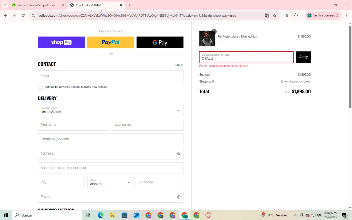 Vollebak promo code screenshot showing code OBALL applied at Vollebak checkout page. Uploaded by SimplyCodes community member SmartShopper4328 on Jun 23, 2025