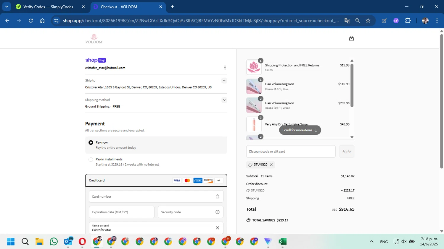 Voloom discount code screenshot showing code STUNG20 applied at Voloom checkout page. Uploaded by SimplyCodes community member DavidMGF on Jun 14, 2025