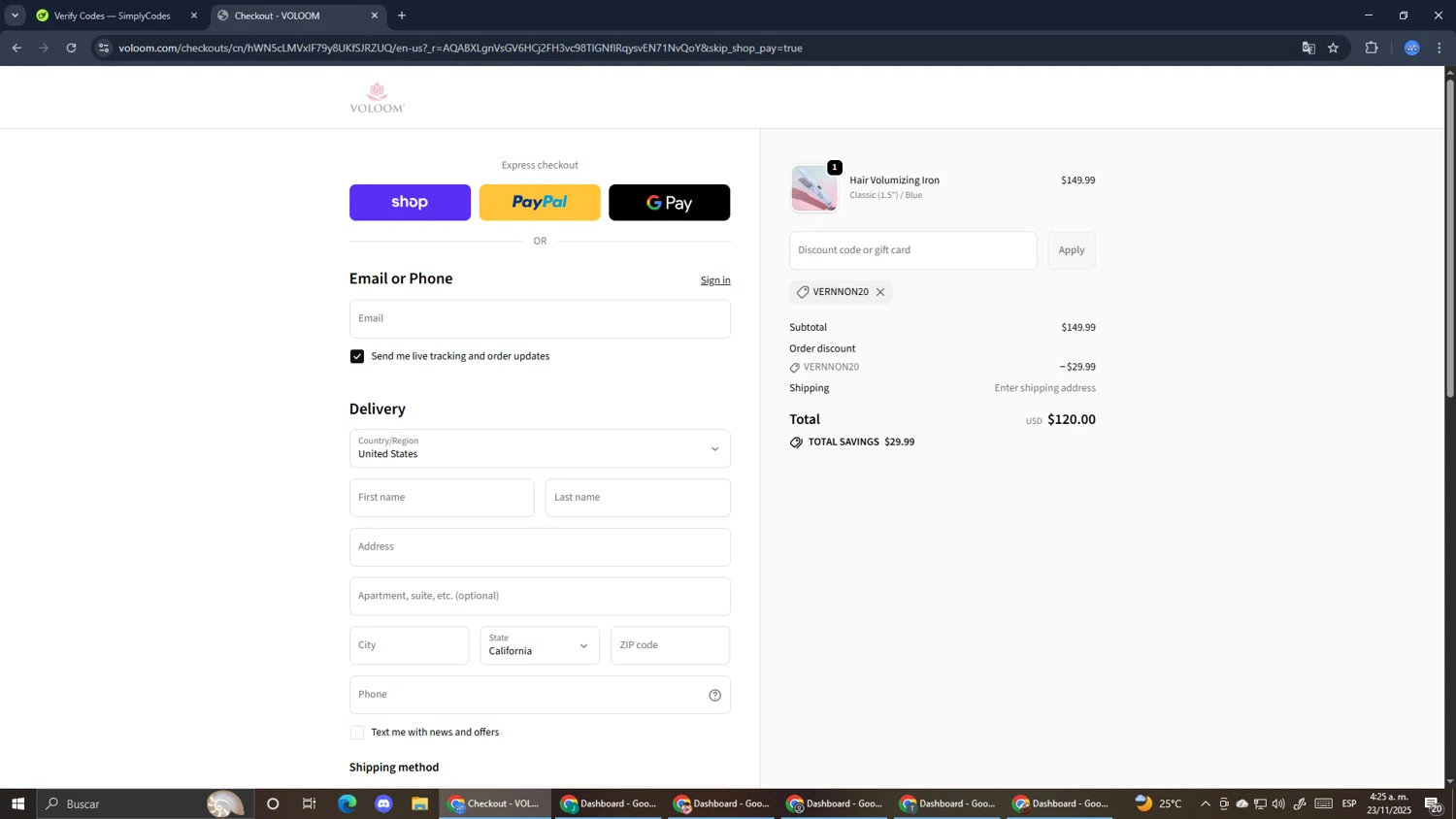Voloom discount code screenshot showing code VERNNON20 applied at Voloom checkout page. Uploaded by SimplyCodes community member RoyalExpert3857 on Nov 23, 2025