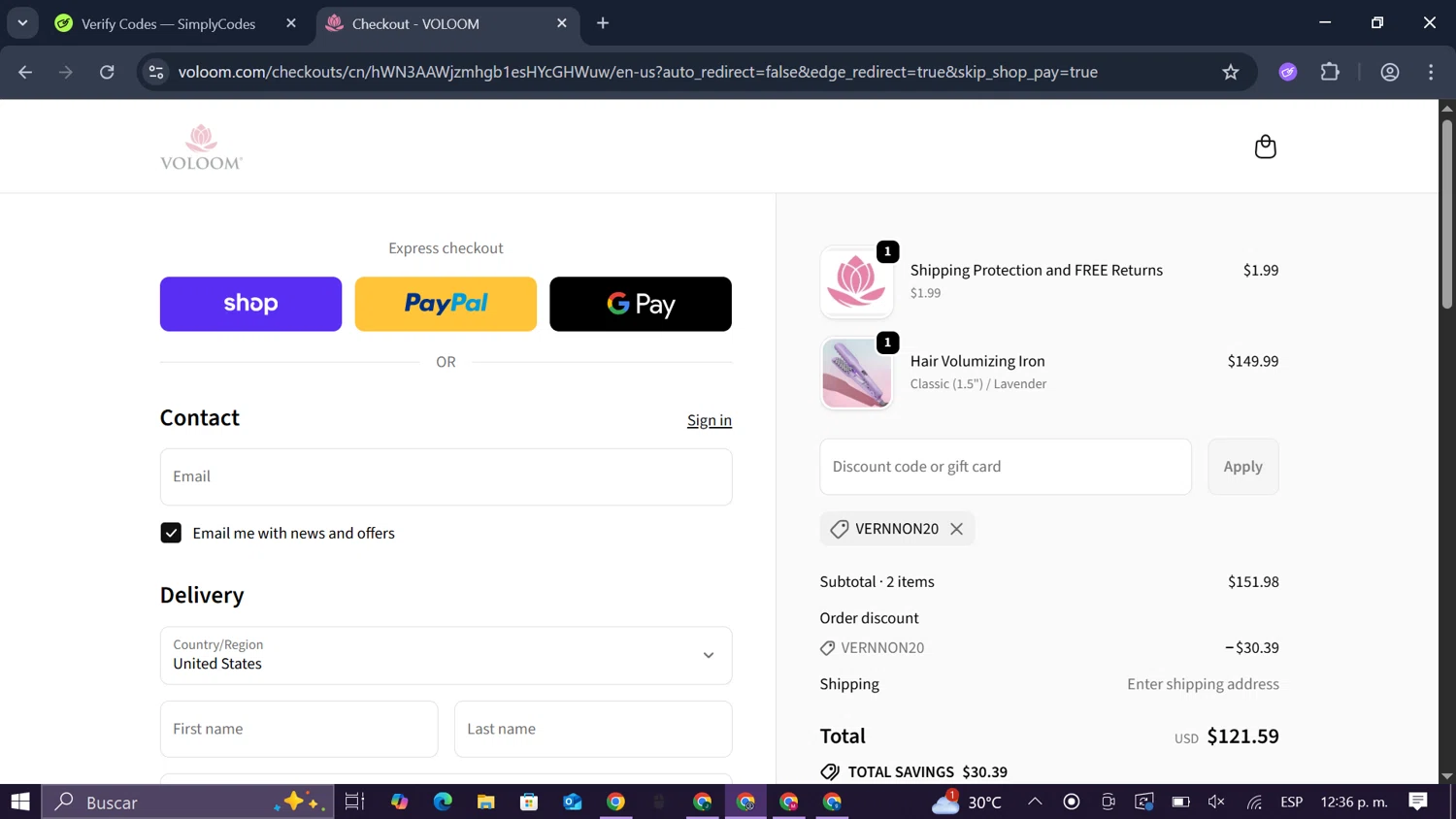 Voloom discount code screenshot showing code VERNNON20 applied at Voloom checkout page. Uploaded by SimplyCodes community member SmartLegend506 on Sep 19, 2025