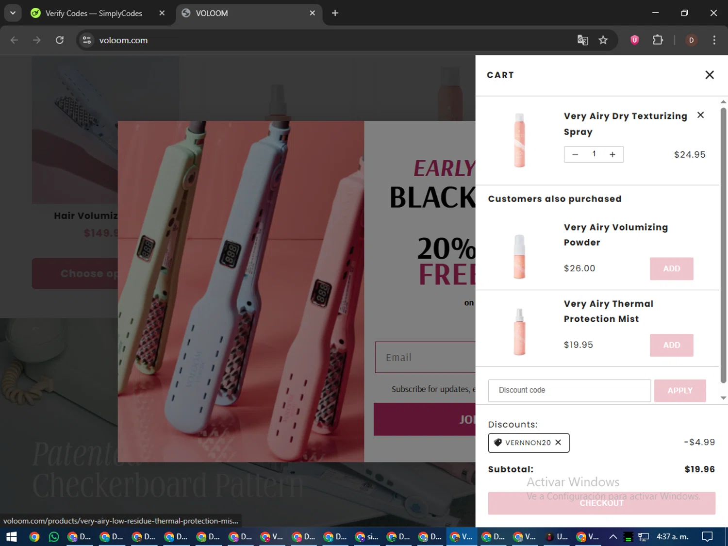 Voloom discount code screenshot showing code VERNNON20 applied at Voloom checkout page. Uploaded by SimplyCodes community member liltecca on Nov 23, 2025