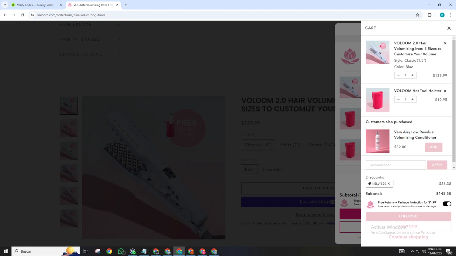 Voloom discount code screenshot showing code KELLYS20 applied at Voloom checkout page. Uploaded by SimplyCodes community member SmartGenius3209 on Jan 13, 2025