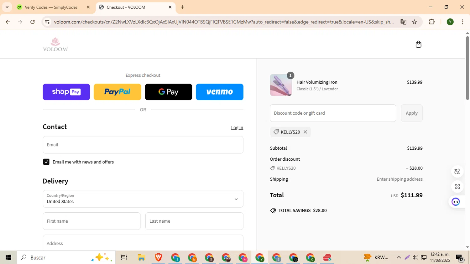 Voloom discount code screenshot showing code KELLYS20 applied at Voloom checkout page. Uploaded by SimplyCodes community member ylleneromero on Mar 11, 2025